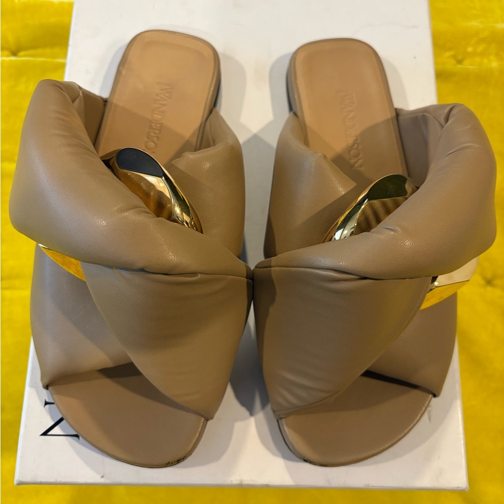 Women's JW Anderson Knotted Tan Slide Sandals with Gold Accent